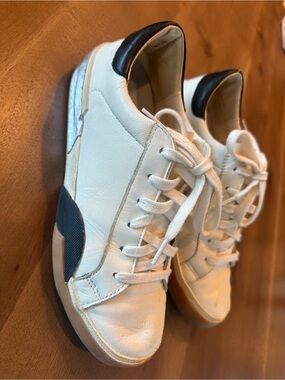 Dolce Vita White Leather Sneakers with Black Heel and Silver Accent